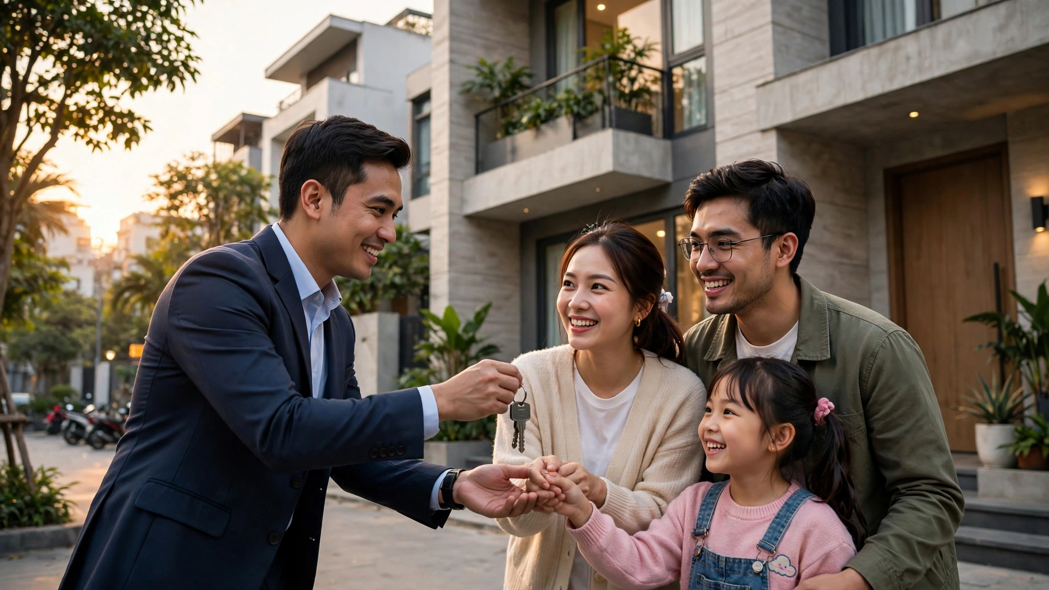 Môi giới bất động sản trao chìa khóa nhà cho gia đình trẻ