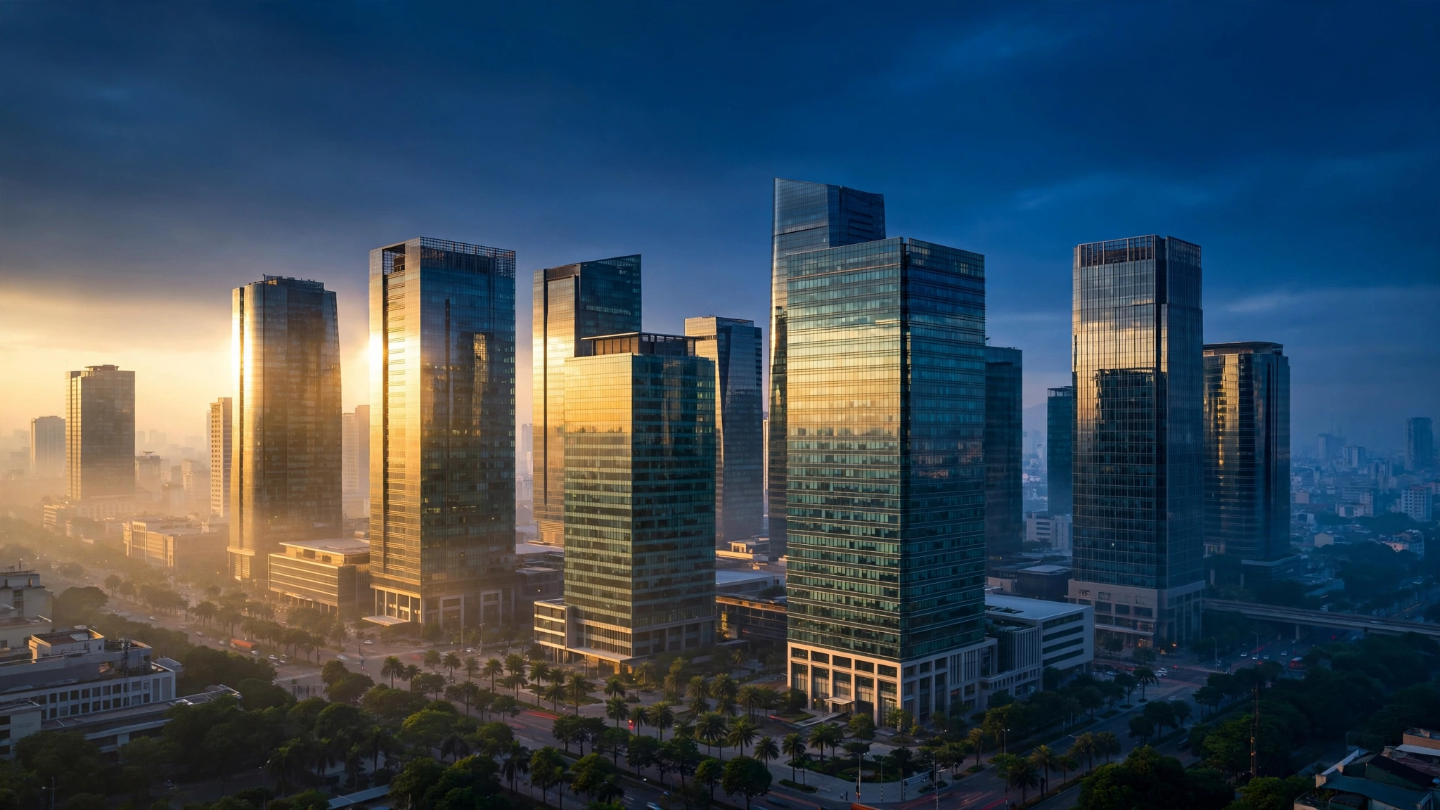 Khu văn phòng hiện đại tại Hà Nội lúc hoàng hôn